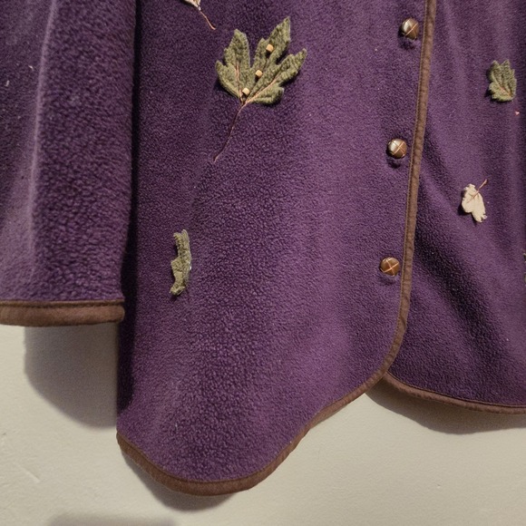 Vintage 90s Y2K Fleece Jacket Cardigan Womens LG Purple Embroidery Leaves Fall - Picture 3 of 11